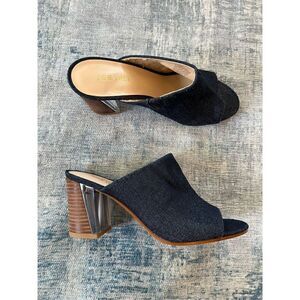 Nine West Blue Denim Gemily Block Heel Peep Toe Mules Size 7.5